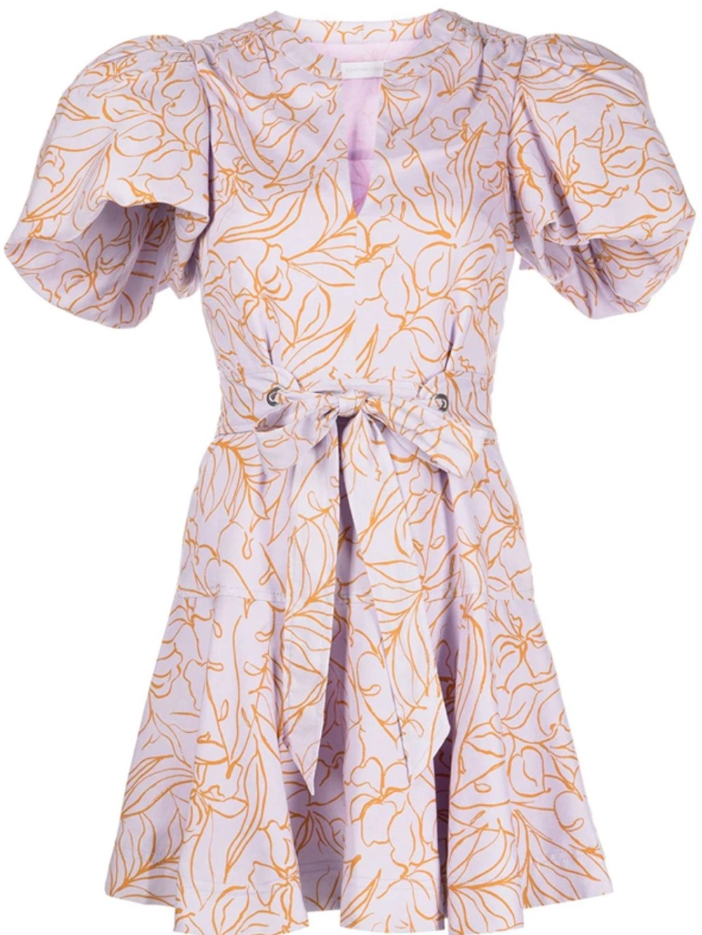 Jonathan Simkhai Lavender and Orange Floral Belted Puff-Sleeve Dress